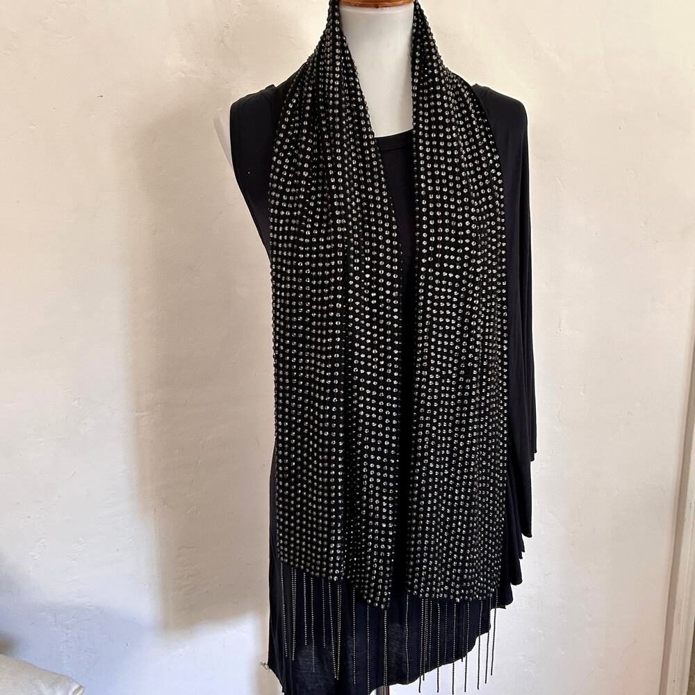 Haute Hippie Runway Silk Crystal Bead Chain Fringe Scarf Black 2009